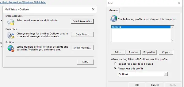 Change Default Outlook Profile Windows 10