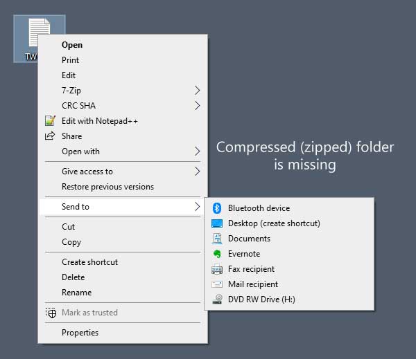 Compressed (zipped) folder is missing from Send to menu in Windows 10