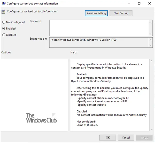 How to customize Support Contact Information in Windows Security