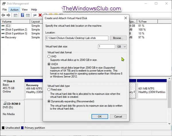 Create new VHD or VHDX file in Windows 10