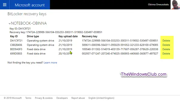 Delete BitLocker Recovery Key from Microsoft Account
