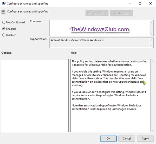 Enable Enhanced Anti-Spoofing for Windows 10 Hello Face Authentification