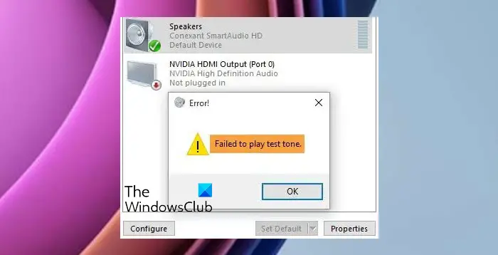 Failed to play test tone error on Windows