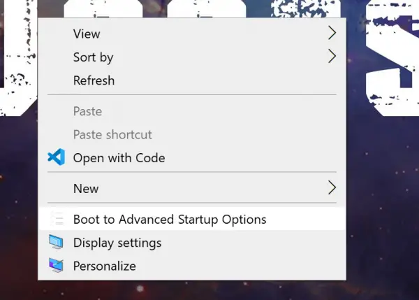 How to add Boot to Advanced Startup Options in content menu on Windows 10