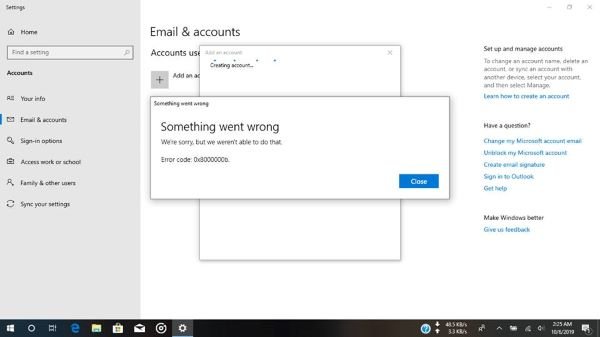 Windows 10 Mail app error 0x8000000b