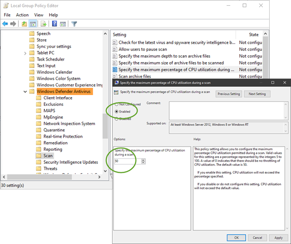 maximum CPU Usage for Windows Defender scans