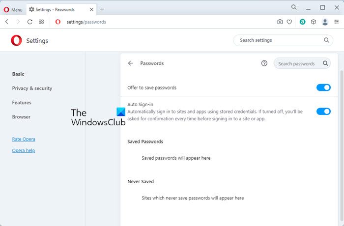see and manage saved passwords in Opera