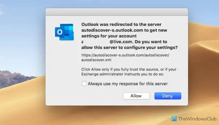 How to suppress the AutoDiscover Redirect warning in Outlook for Mac
