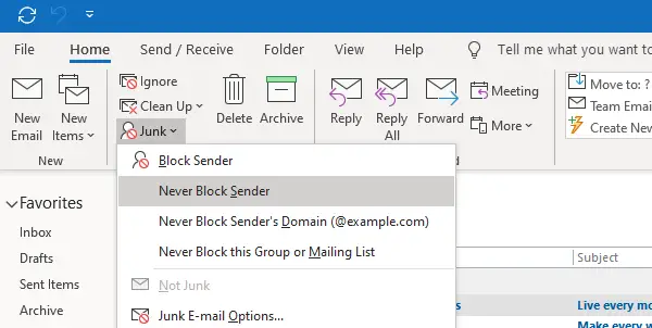Mark Email as Safe Sender outlook