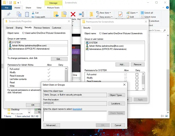 change files folders permissions Windows 10