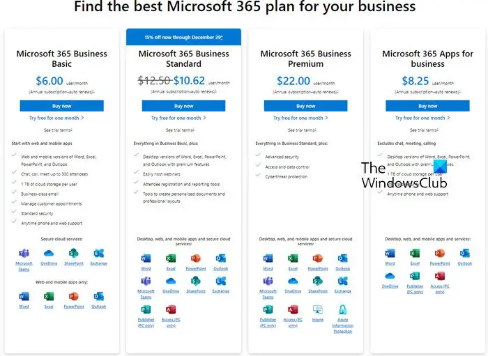 Compare Microsoft 365 Business Plans