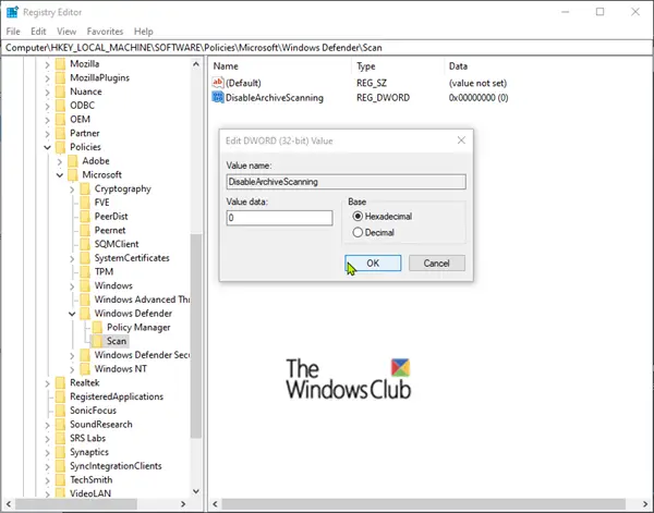 Настройте Защитник Windows для сканирования файлов .zip .rar .cab.