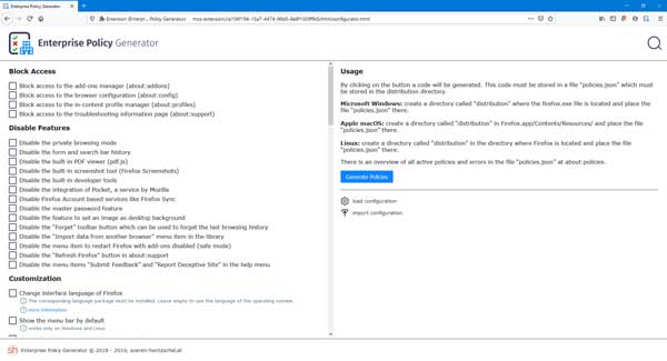 Disable or block Firefox settings with Enterprise Policy Generator