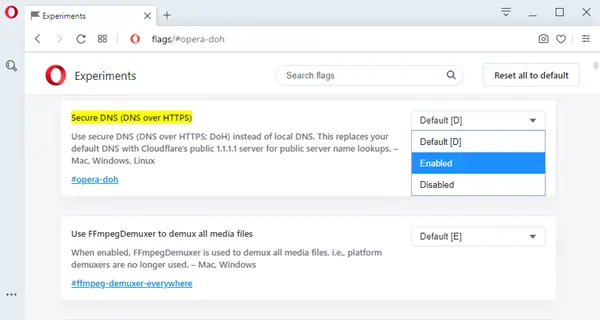 Enable DNS over HTTPS in Opera