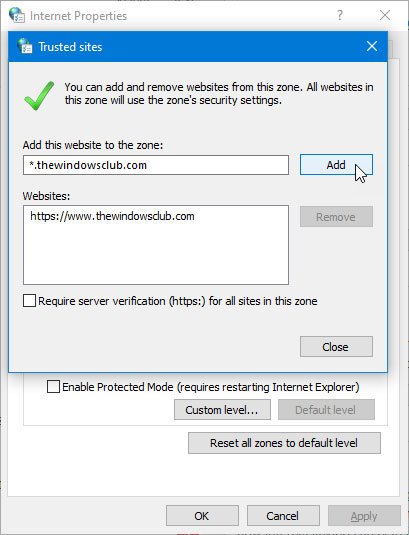 How do I add a trusted site in Windows 10 1