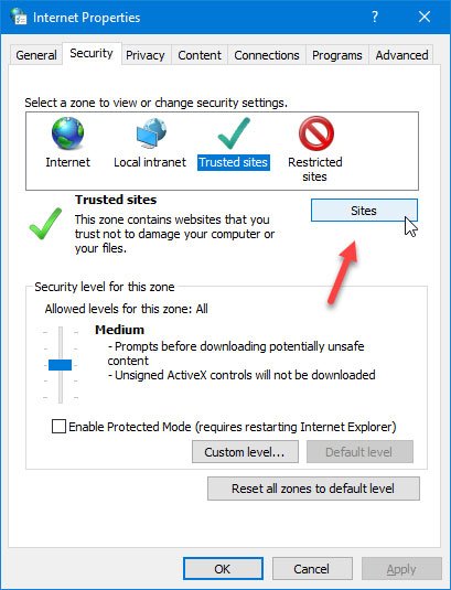 How do I add a trusted site in Windows 10