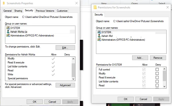 Изменить разрешение файла и папки Windows 10