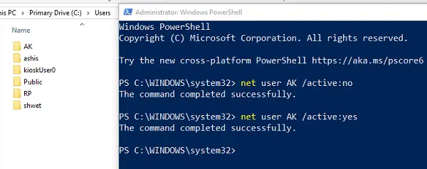 Net Command to show hide user Windows 10