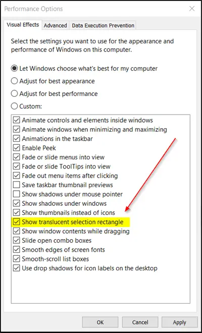 show translucent selection rectangle