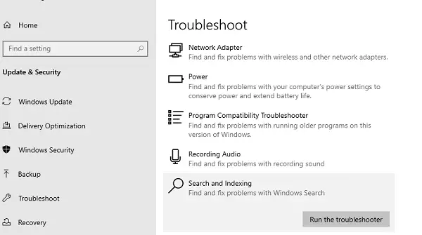 Search and Indexing troubleshooter
