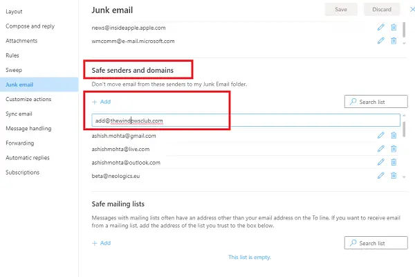 Safe Sender List Outlook Online