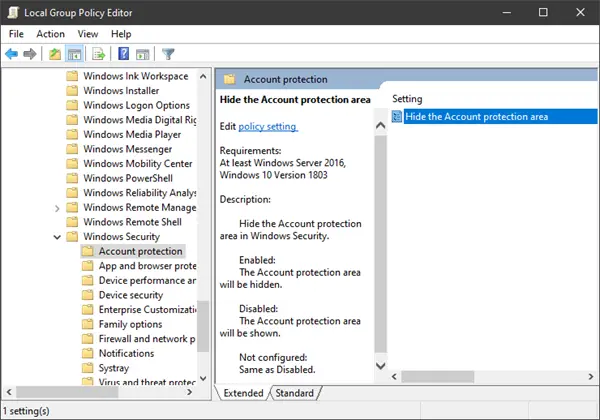 Show or Hide Account Protection in Windows Security