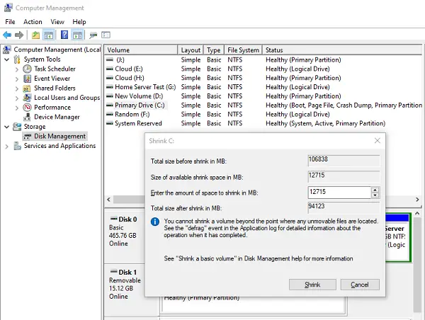 Shrink Volume in Windows 10 Disk Management Tool