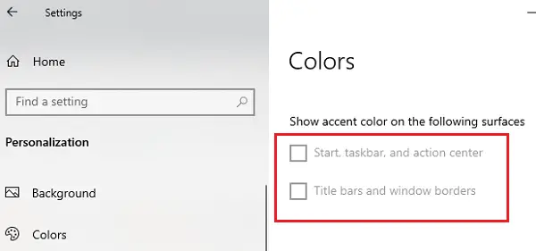 Start, Taskbar, and Action Center options greyed out in Windows 10 Colors settings