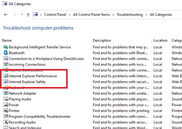 Performance Safety Internet Explorer Troubleshooters