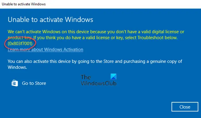 Windows Activation Error 0x803F7001