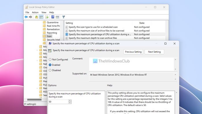 How to limit or set Maximum CPU Usage for Windows Defender Scan