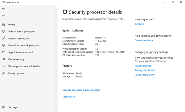 Windows Security Settings in Windows 10