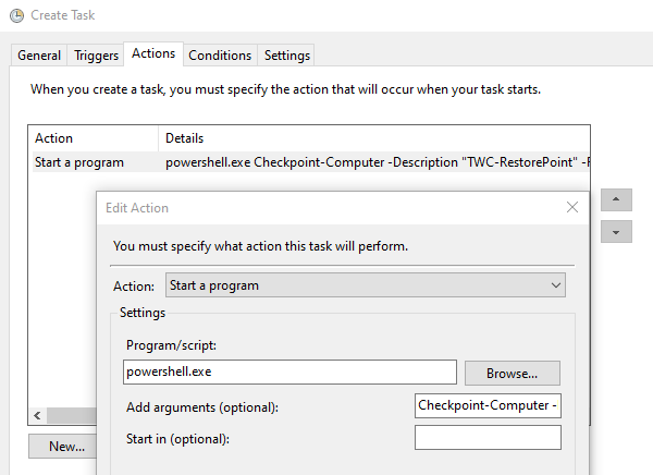 Add Command to Task Scheduler to Create Restore Point