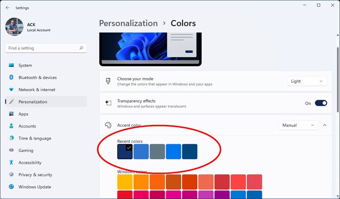 Delete Recent colors history windows 11