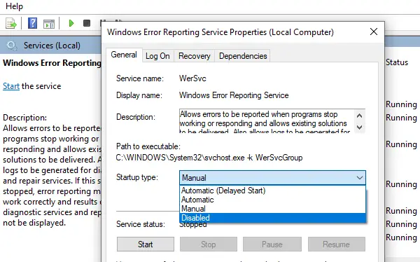 Disable Windows Error Reporting Services