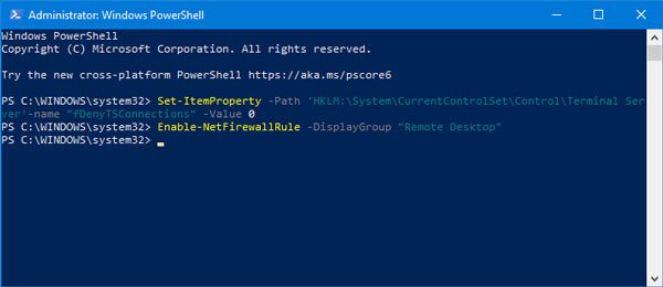 Enable Remote Desktop using Command Prompt or PowerShell