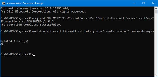 Enable Remote Desktop using Command Prompt and Windows PowerShell