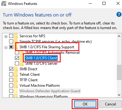 Enable SMBv1 protocol