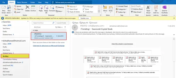 How to arcvhive an email in outlook 
