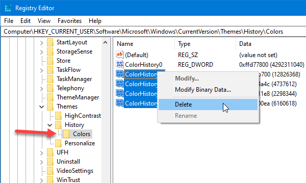 How to delete recent colors history in Windows 10