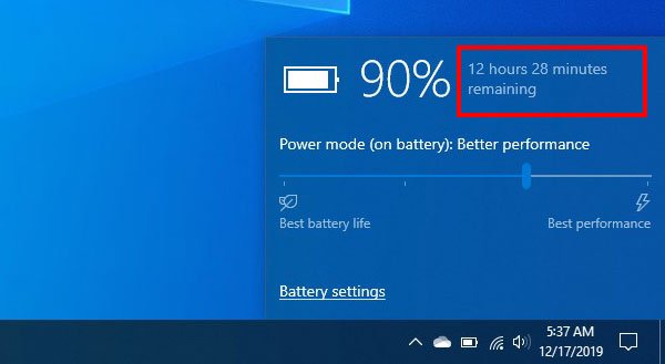 How to enable remaining Battery Time in Windows 10