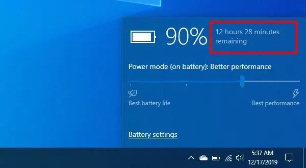 Как включить оставшееся время работы от батареи в Windows 10