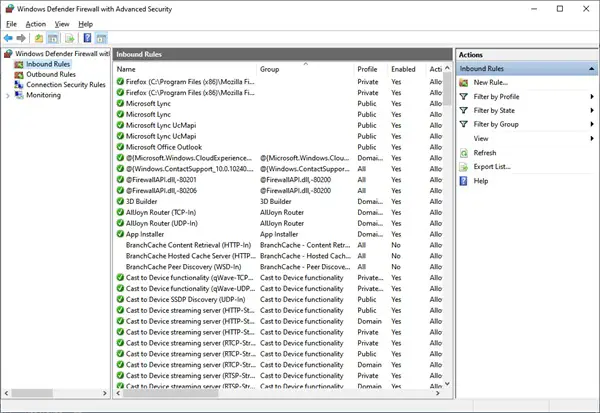 Inboud Rules in Windows Defender Firewall with Advanced Security