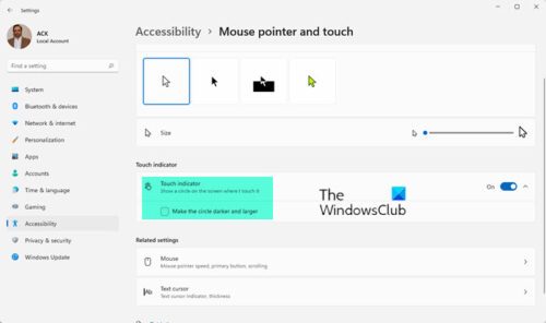 Make visual feedback for touch points darker and larger in Windows 11/10
