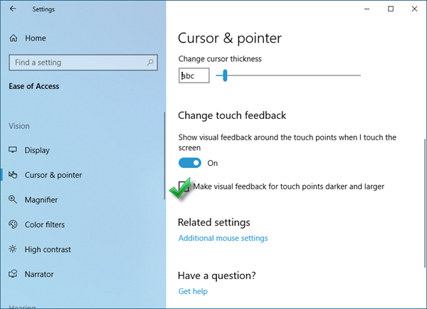 Make visual feedback for touch points darker and larger in Windows 10