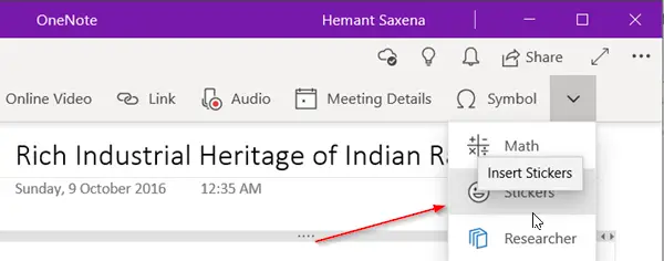 insert graphical stickers or emoji in OneNote