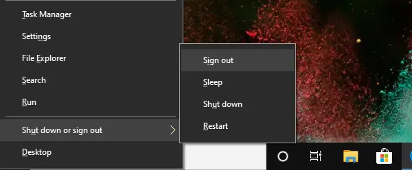 Power menu keyboard shortcut to signout Windows 10
