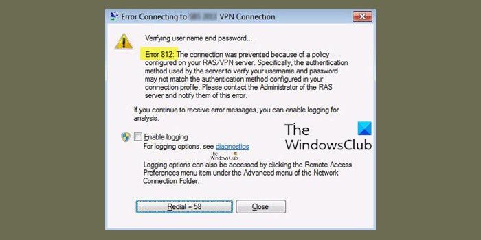 VPN error 812, Connection prevented because of RAS/VPN server