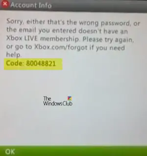 Xbox Live Sign-in Error 80048821