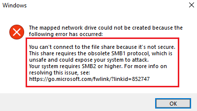 You can’t connect to the file share because it’s not secure